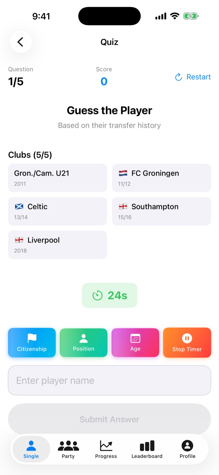 Quiz screen with the clubs revealed one by one: FC Groningen, Celtic, Southampton, Liverpool, with 24 seconds left and four hint buttons