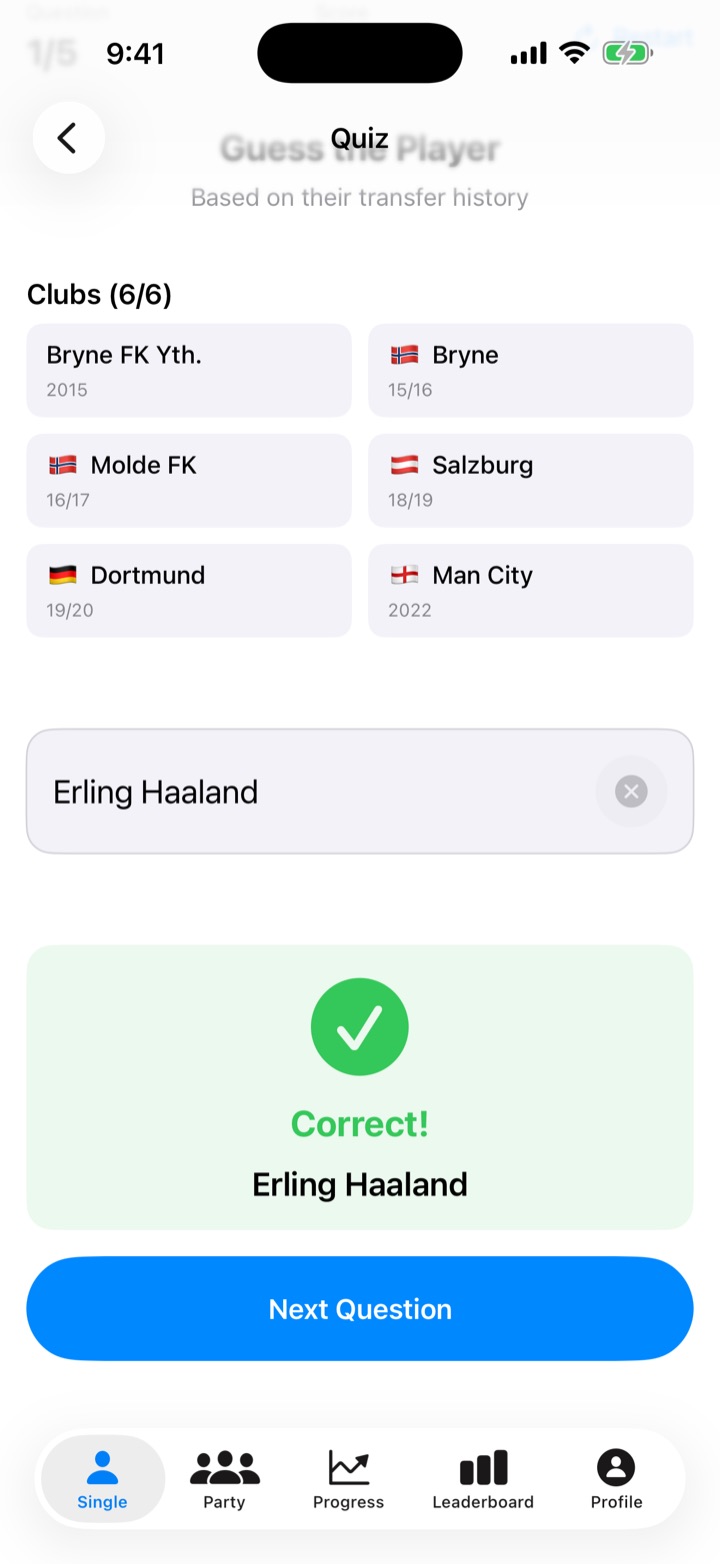Correct answer screen: Erling Haaland, after clubs Bryne, Molde, Salzburg, Dortmund and Man City
