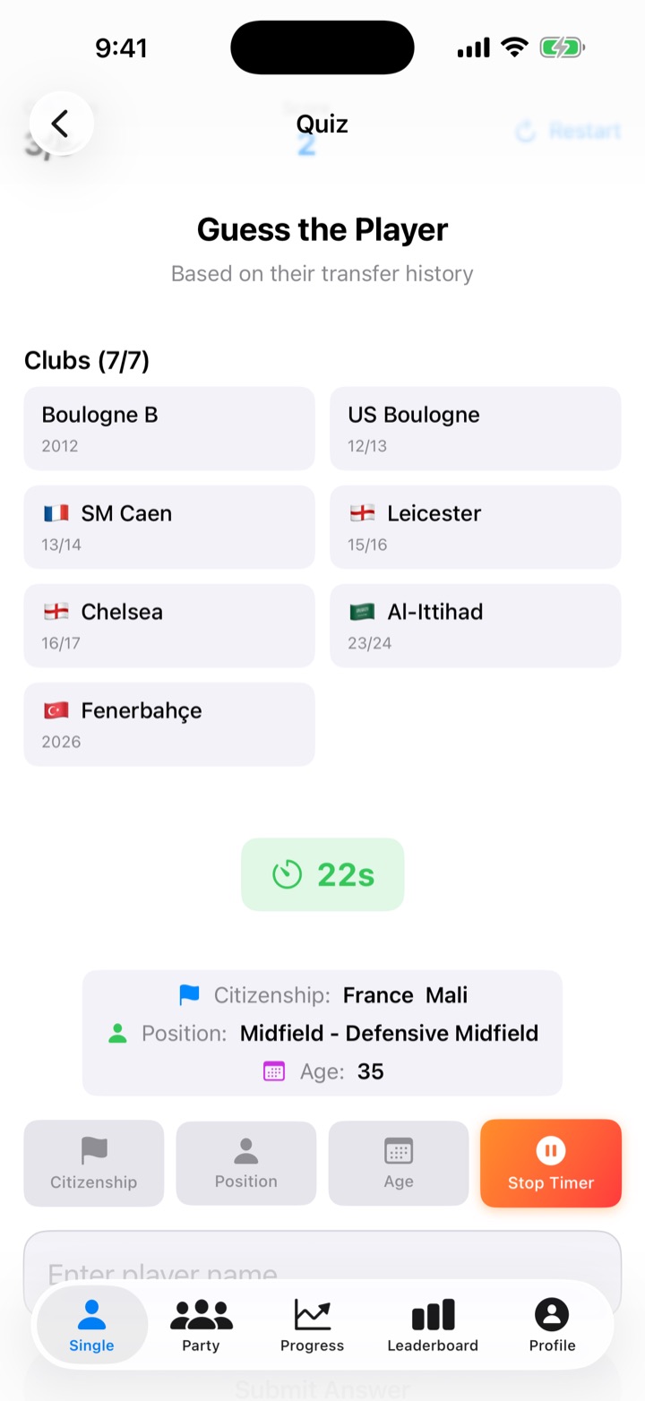 Quiz screen with hints revealed: citizenship France and Mali, position defensive midfield, age 35