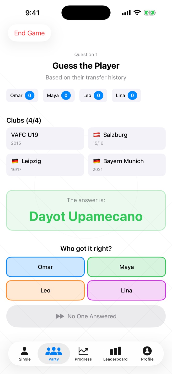 Party Mode: the answer Dayot Upamecano is revealed and the host picks who got it right among Omar, Maya, Leo and Lina